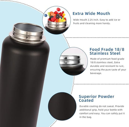 Volhoply 32oz Insulated Water Bottles Bulk 4 Pack with Straw Lid & Spout Lid,Stainless Steel Sports Water Bottle,Double Wall Vacuum Cups,Leakproof Wide Mouth Metal Flask for Hiking,Camping(Black,4)