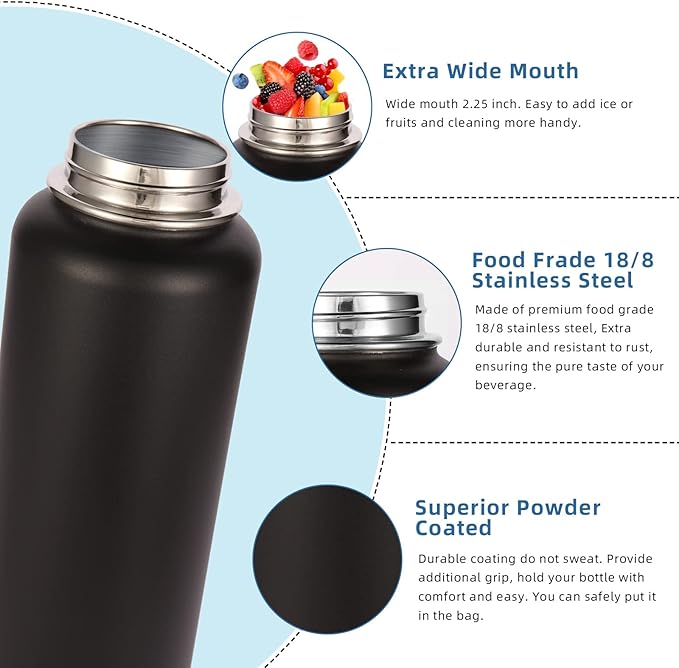 Volhoply 32oz Insulated Water Bottles Bulk 2 Pack with Straw Lid & Spout Lid,Stainless Steel Sports Water Bottle,Double Wall Vacuum Cups,Leakproof Wide Mouth Metal Flask for Hiking,Camping(Black,2)