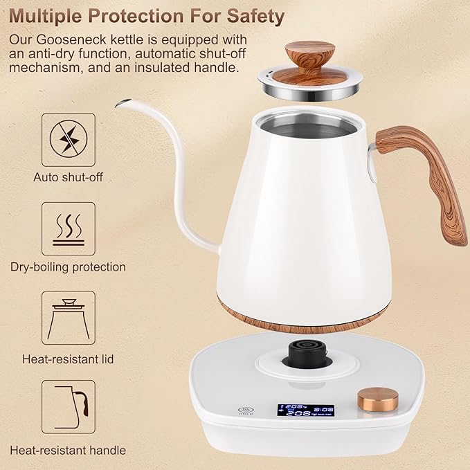 Gooseneck Electric Kettle, Intelligent Temperature Control, Stainless Steel Inner, Quick Heating, for Pour Over Coffee, Brew Tea, Boil Hot Water, 1000W 0.9L Cream White