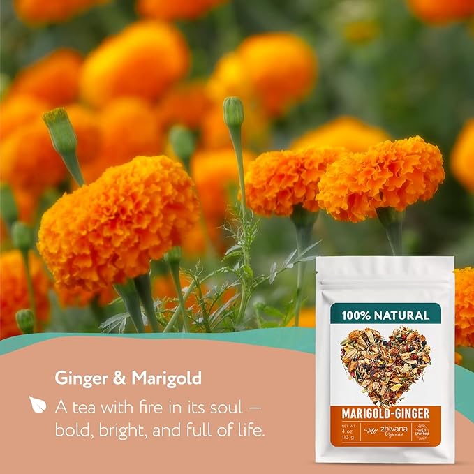Premium Ginger Loose Leaf Tea with Marigold, Chamomile, Elderflower - Caffeine Free Herbal Tea with Real Herbs & Fruit – Te de Jengibre – 4oz.