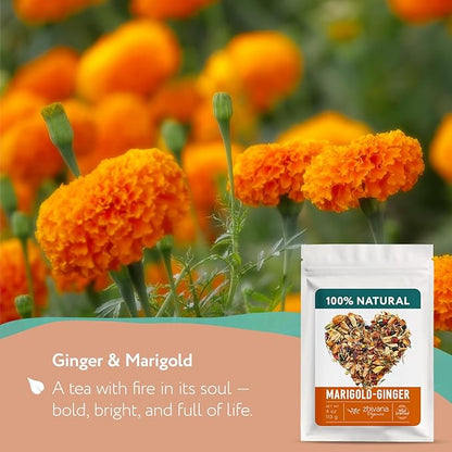 Premium Ginger Loose Leaf Tea with Marigold, Chamomile, Elderflower - Caffeine Free Herbal Tea with Real Herbs & Fruit – Te de Jengibre – 4oz.