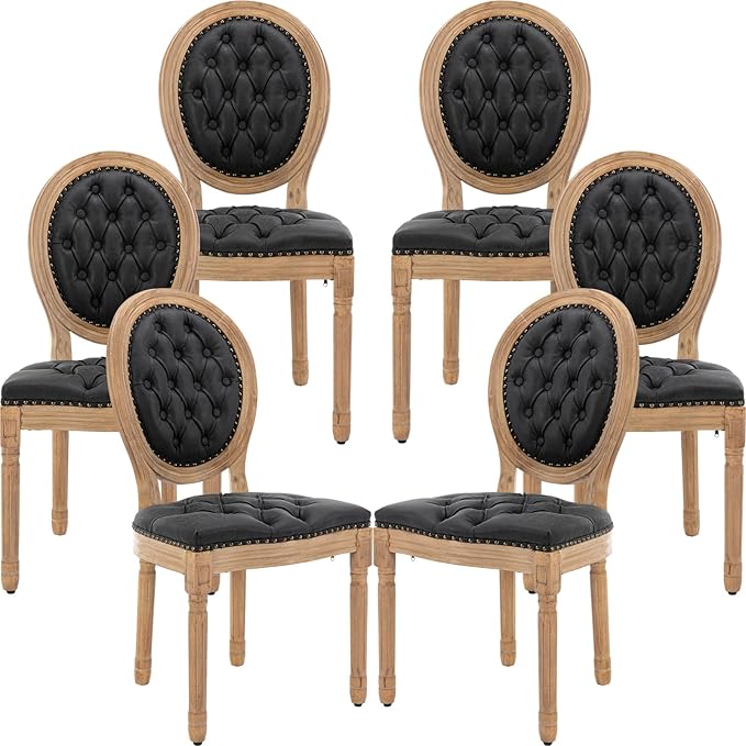 Vintage French Country Dining Chairs Set of 6, PU Leather Dining Chairs with Solid Wood Legs, Black Upholstered Dining Chair, Sillas para Comedor, Kitchen & Dining Room Chair (Black, PU, 6Pcs)