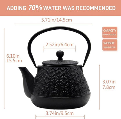 20.3oz Small Cast Iron Teapot, SECHUDO Tea Kettle for Stovetop Safe Coated with Enameled Interior, Japanese Style Tea Pot with Stainless Steel Infuser for Loose Tea (Black Gerbera Pattern)