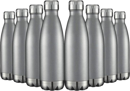 HASLE OUTFITTERS 17oz Stainless Steel Water Bottles Bulk, Vacuum Insulated Water Bottles Double Walled Reusable Metal Sports Water Bottles Keep Drinks Hot and Cold, Gray, 8Packs