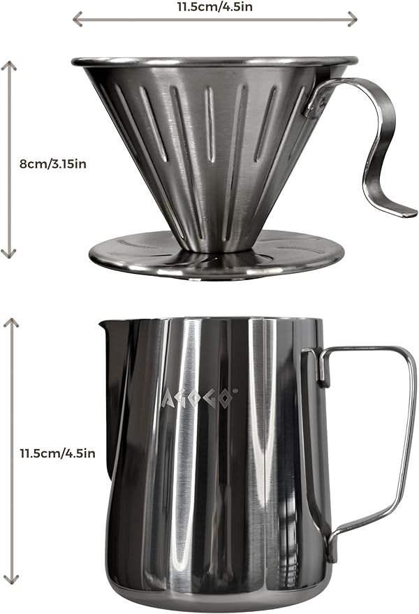 AGOGO Compact Portable Pour Over Coffee Maker Set - Easy Cleaning 304 Stainless Steel Dripper Set for Camping & 50 Filters Paper & Cleaning Rag (Silvery, 600ml)