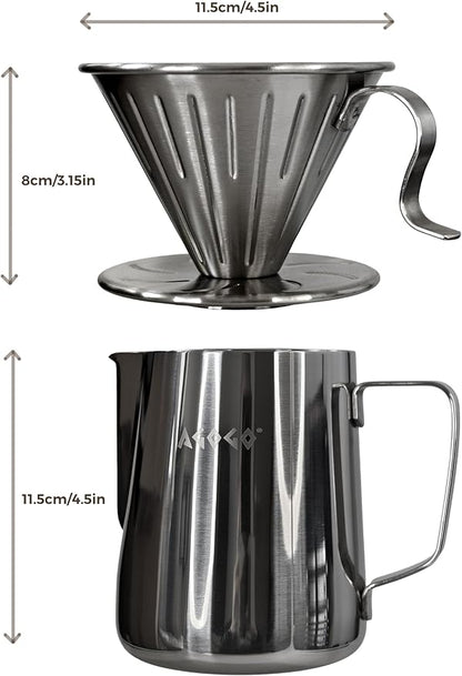 AGOGO Compact Portable Pour Over Coffee Maker Set - Easy Cleaning 304 Stainless Steel Dripper Set for Camping & 50 Filters Paper & Cleaning Rag (Silvery, 600ml)