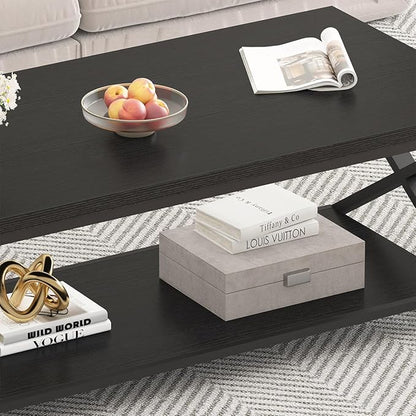 HSH Black Coffee Table Modern, 47 Inch Simple Rectangle Cocktail Table with Storage Display Shelf, 2 Tier Minimalist Industrial Wooden and Metal Center Tea Table for Living Room Office, Black Oak