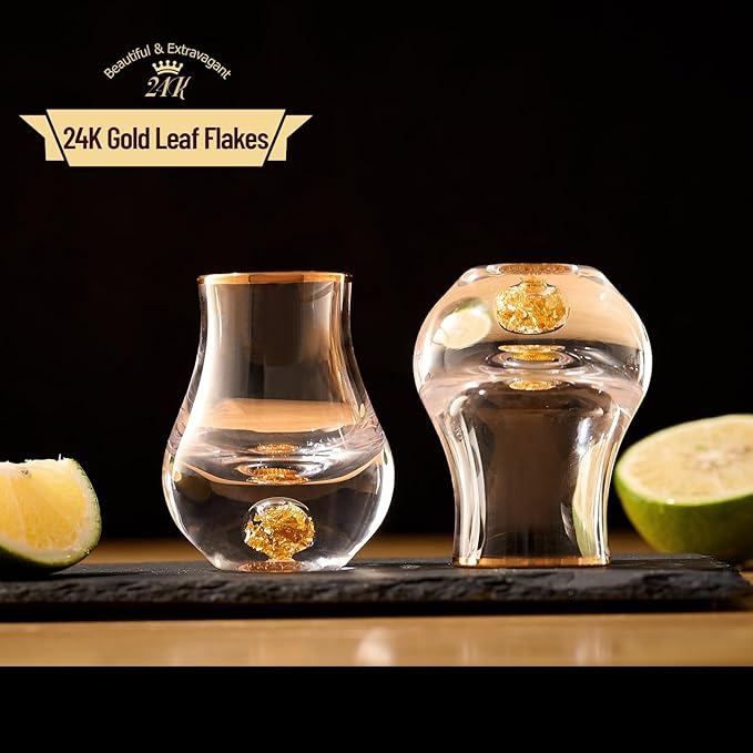 【2025 New Design】DUJUST‌ Elegant Curvaceous Shot Glass(1.5oz), Crystal Shot Glass Set Decorated with 24K Gold Leaf Flakes BPA-Free & Lead-Free, Perfect for Décor & Collection, Gift Choices - 6 pcs
