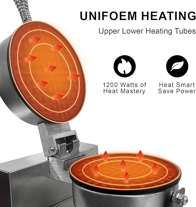 Commercial Waffle Maker, 1200W Stainless Steel Nonstick Round Waffle Iron with 122℉ to 572℉ Temp Range & Time Control, for Household Bakeries Snack Bar