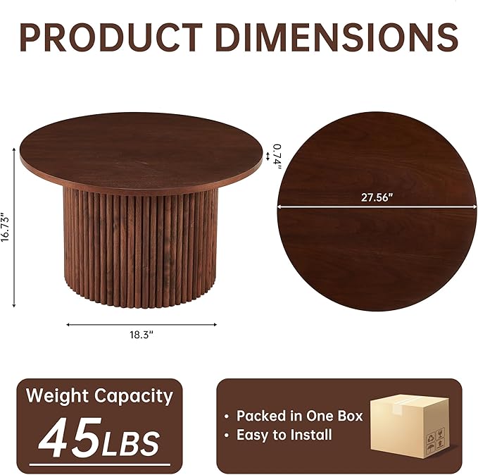 NORDICANA Single Accent Round Coffee Table, 27.5 Inch Wide 16.7 Inch Tall Walnut Color Farmhouse Center Table for Living Room, Manufactured Wood Top with Walnut Veneer