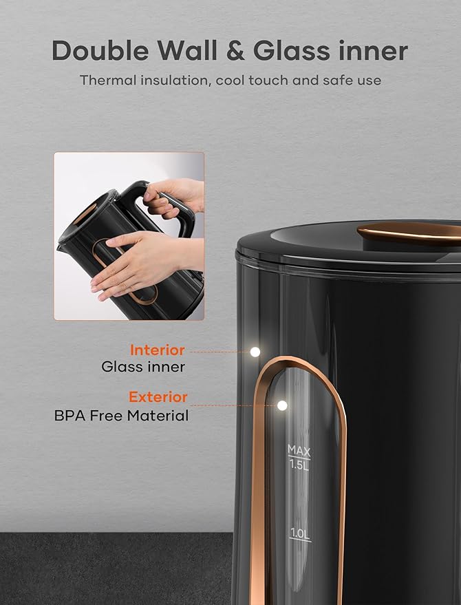 OFFACY Electric Kettle, Double Wall Glass Inner, Hot Water Boiler Heater Pot, 1.5-Liter, 1200 Watts for Fast Boiling, 53oz BPA Free, Glossy Black