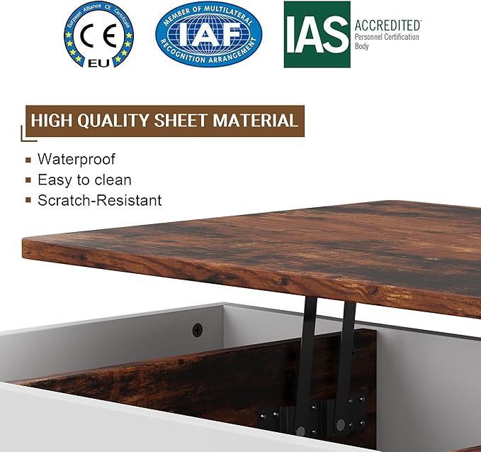 Shintenchi Coffee Table, Lift Top Coffee Table with Hidden Compartment, Rising Tabletop Dining Table, Lift Top Coffee Center Table for for Living Room, Office, Home (Rustic Brown)