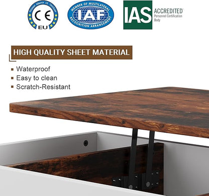 Shintenchi Coffee Table, Lift Top Coffee Table with Hidden Compartment, Rising Tabletop Dining Table, Lift Top Coffee Center Table for for Living Room, Office, Home (Rustic Brown)