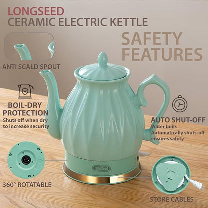 Ceramic Electric Kettle, 1.5L/1200W Boil Water Quickly and Easily with Boil-Dry Protection Auto Shut Off, Detachable Swivel Base, Diamond Cut Glazed