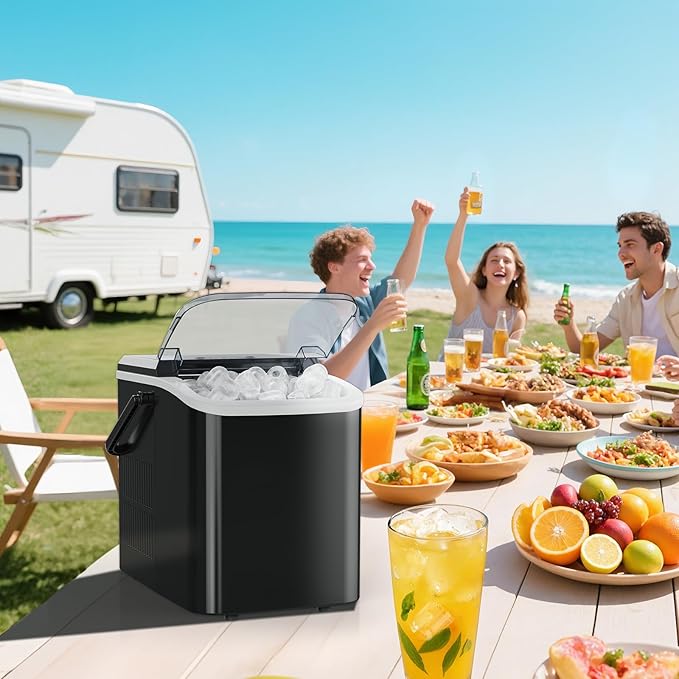 OLIXIS Ice Maker Machine with Handle,26lbs in 24Hrs,9 Ice Cubes in 6 Mins,Auto-Cleaning Portable Ice Maker with Basket and Scoop, Countertop Ice Maker for Home/Kitchen/Camping/RV, Sleek Black