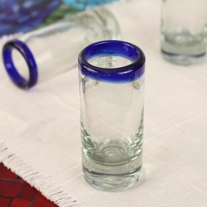 NOVICA Artisan Crafted Hand Blown Clear Blue Rim Recycled Glass Shot Glasses, 2 Oz. 'Tequila Blues' (Set Of 6)