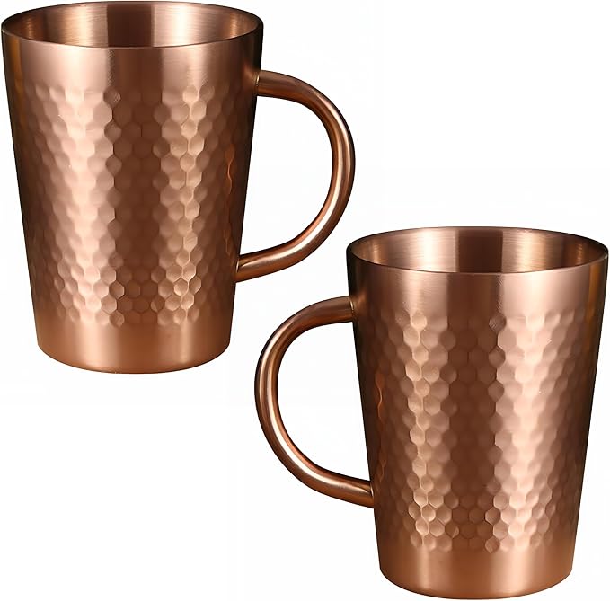 YJX 15oz Coffee Mugs Set of 2, Hammered 304 Stainless Steel Coffee Cups for Gifts, Copper Tea Cup with Handle, Lightweight Teacups for Tea, Cold Drinks, Beer, Wine, Bars, Parties(450ml)