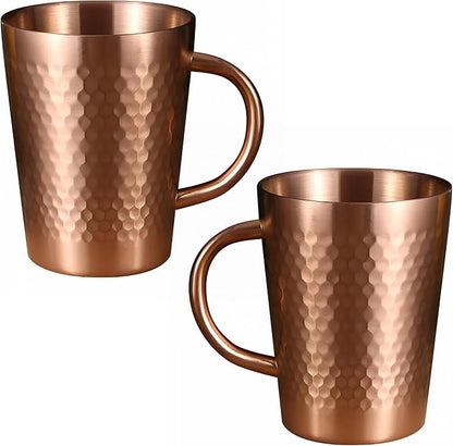 YJX 15oz Coffee Mugs Set of 2, Hammered 304 Stainless Steel Coffee Cups for Gifts, Copper Tea Cup with Handle, Lightweight Teacups for Tea, Cold Drinks, Beer, Wine, Bars, Parties(450ml)