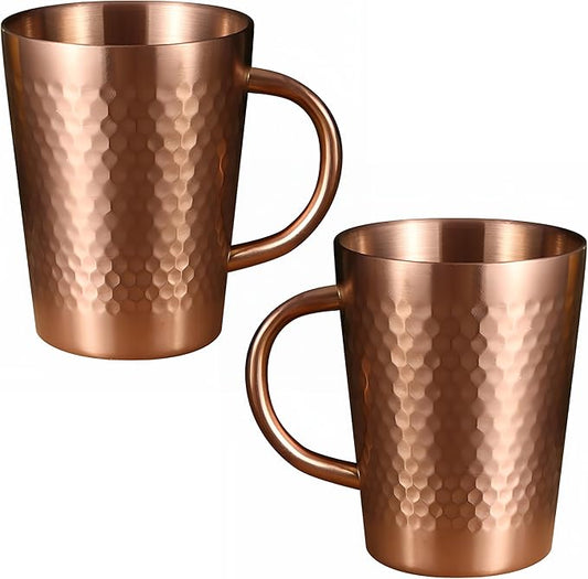 YJX 15oz Coffee Mugs Set of 2, Hammered 304 Stainless Steel Coffee Cups for Gifts, Copper Tea Cup with Handle, Lightweight Teacups for Tea, Cold Drinks, Beer, Wine, Bars, Parties(450ml)