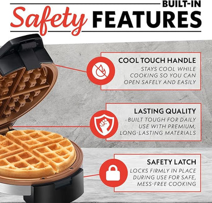 Gourmia Belgian Waffle Maker – Adjustable Browning Control, Nonstick Plates, Ready & Power Indicator Lights, Compact Upright Storage, Cool-Touch Handle