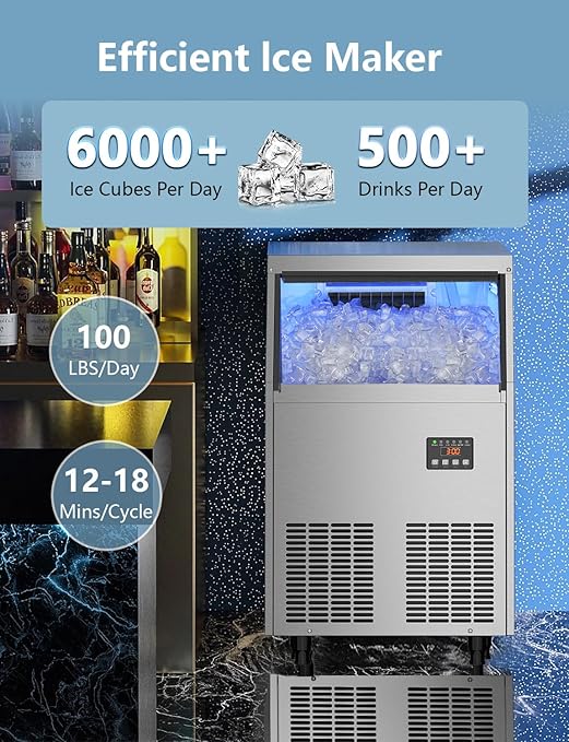 Coolski Commercial Ice Maker Machine 100Lbs/24H, Under Counter Ice Machine with 34lbs Ice Storage Bin, Stainless Steel Freestanding Ice Maker for Restaurant, Bars, Home and Offices