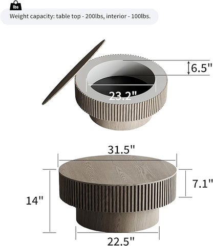 31.5 Inch Round Drum Coffee Table with Storage, Modern Handcraft Fluted Drum Coffee Table, Wooden Round Coffee Table Center Table with Sturdy Pedestal for Living Room Apartment (Grey)