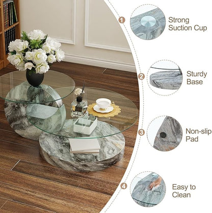 42 Inch Glass Coffee Table，Round Coffee Table with 2-Tier Tempered Glass Tabletop，Easy to Clean Circle Coffee Table with Sturdy Base for Living Room，Office (Light Gray Marble Colored Base