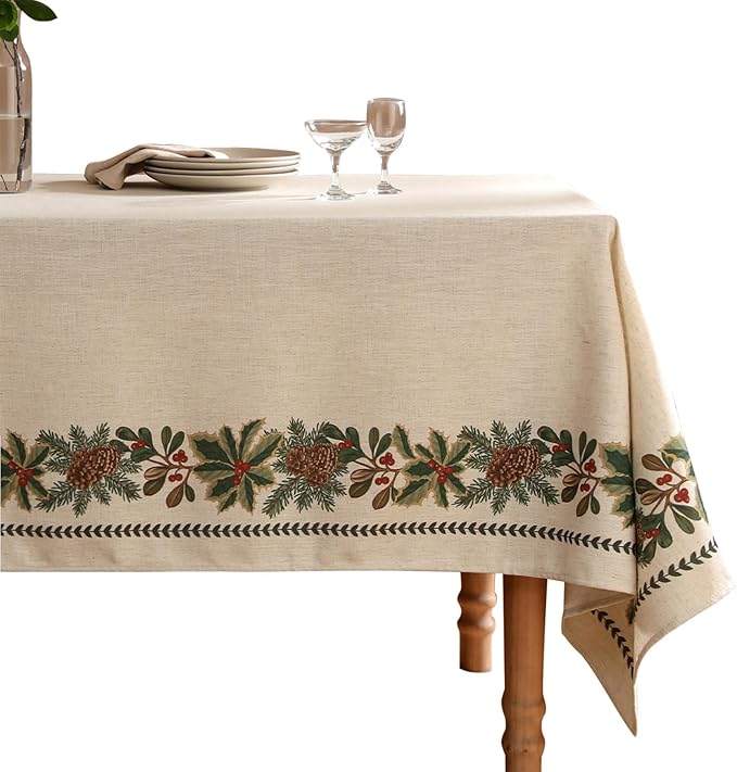 Designer Christmas Linen Square Tablecloth,Light Beige Western Elegant Table Cloth,Fall Wrinkle Resistant Decor Tablecloths for Dining Thanksgiving Kitchen Christmas,67"*67"-Carol G