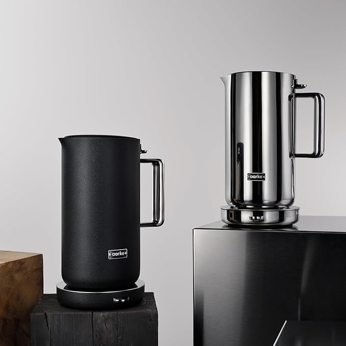 aarke Stainless Steel Kettle - Perfect for Coffee and Tea Maker Enthusiasts, Non-Drip Spout, Double-Wall Construction, Dry Boil Protection, Heat-Safe Handle, LED Cool-Down Indicator, 1.2L (Black)
