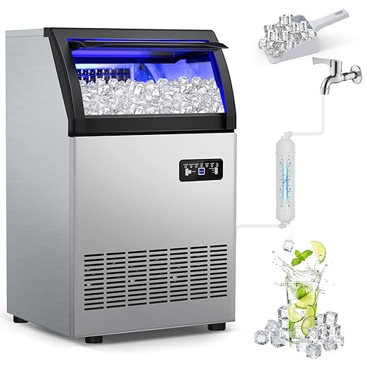 Commercial Ice Maker Machine 260Lbs/24H, 72pcs Ice Cubes Under Counter Ice Machine with Water Line and Filter, Freestanding Ice Maker Machine with 55Lbs Storage ice Bin for Home/Shop/Office/Bar