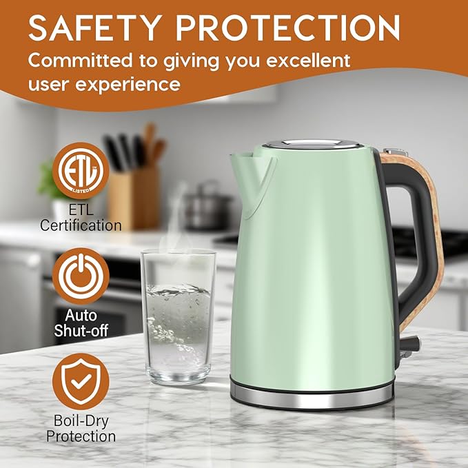Electric Kettle for Boiling Water, 1.7L Visual Water Window Stainless Steel Electric Water Kettle, 1500W BPA-Free Hot Water Kettle Pot, Auto Shut Off & Boil-Dry Protection, Green