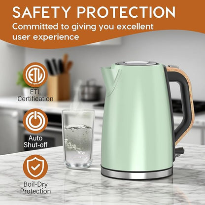 Electric Kettle for Boiling Water, 1.7L Visual Water Window Stainless Steel Electric Water Kettle, 1500W BPA-Free Hot Water Kettle Pot, Auto Shut Off & Boil-Dry Protection, Green