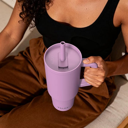 TILUCK 40 oz Tumbler with Handle, Vacuum Insulated Stainless Steel Travel Mug with 100% Leak-Proof Silicone Straw Lid, Cupholder Friendly Water Bottle(LightPurple, 40oz)
