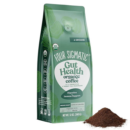 Four Sigmatic Gut Health Organic Ground Coffee | Medium Roast, Immune Boosting Probiotic Mushroom Coffee with Chaga & Turkey Tail for Gut Health & Immune Support | 12oz Bag