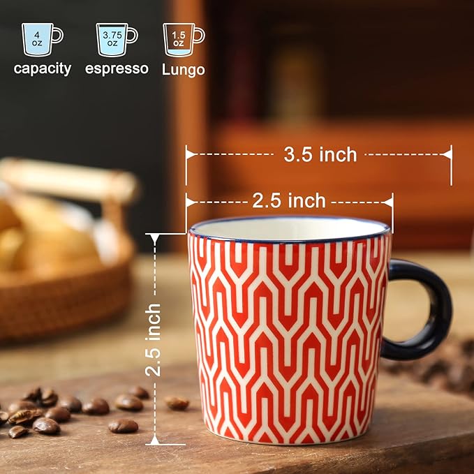 KitchenTour Porcelain Espresso Cups 4 ounce set of 4 for Coffee Machine - Ceramic Demitasse Cups for Latte,Turkish Coffee, Nespresso Lungo, Cappuccino, Tea - Small Shot Mug Bohemia Style