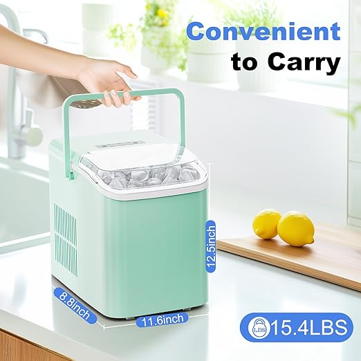 SMUG Ice Makers Countertop with Handle, Portable Ice Machine, 9 Bullet Ice Cubes in 6 Mins, 26lbs in 24Hrs, Auto-Cleaning, with Basket and Scoop, for Home, Kitchen, RV, Camping,Light Green with Handle