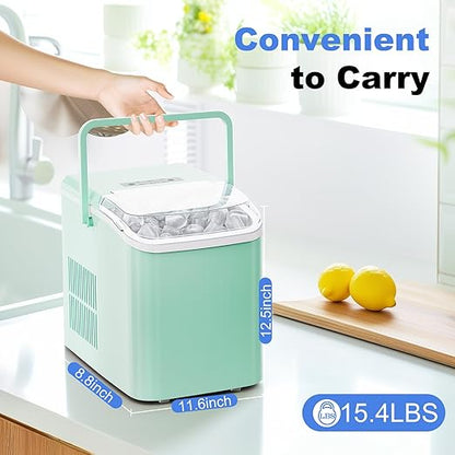 SMUG Ice Makers Countertop with Handle, Portable Ice Machine, 9 Bullet Ice Cubes in 6 Mins, 26lbs in 24Hrs, Auto-Cleaning, with Basket and Scoop, for Home, Kitchen, RV, Camping,Light Green with Handle