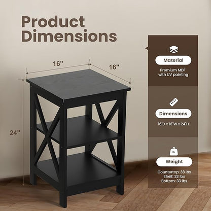 PHI VILLA Black End Table, Side Table for Living Room Set of 2, Nightstand/Bedside Table