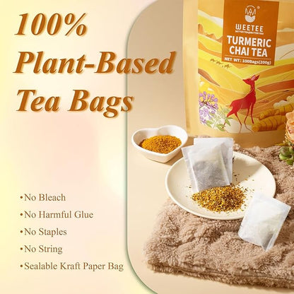 WT WEETEE Turmeric Chai Tea Bags, 2g x 100 Count, Caffeine-Free Turmeric Spiced Chai Tea, Includes Cinnamon, Licorice, Ginger Root, Cardamom, Cloves & More