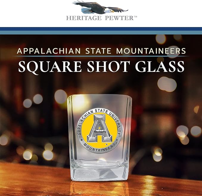 Heritage Pewter Appalachian State University Square Shot Glass | Hand-Sculpted 1.5 Ounce Shot Glass | Intricately Crafted Metal Pewter Alma Mater Inlay