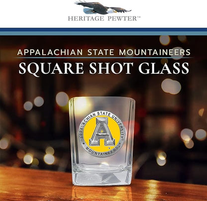 Heritage Pewter Appalachian State University Square Shot Glass | Hand-Sculpted 1.5 Ounce Shot Glass | Intricately Crafted Metal Pewter Alma Mater Inlay
