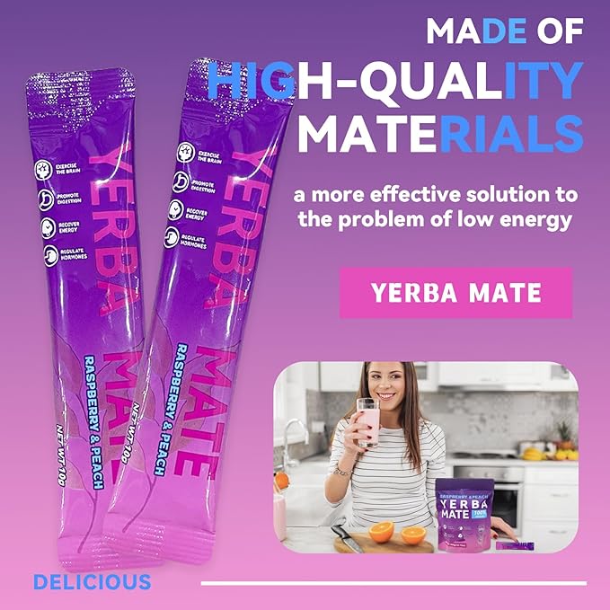 Yerba Mate Instant Tea Powder - Raspberry Peach Flavor - Gut Health & Clean Energy Super Drink with Nootropics, Prebiotics & Probiotics - Energy Boost & Focus - 30 Sticks (300g)