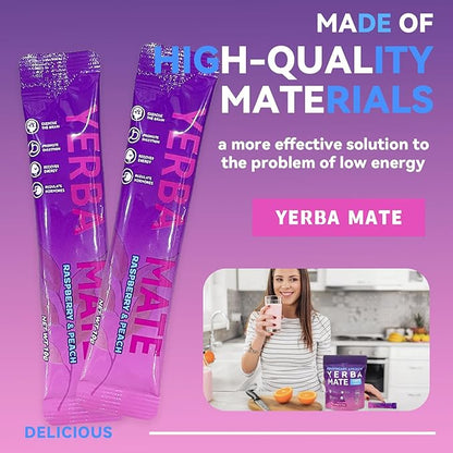 Yerba Mate Instant Tea Powder - Raspberry Peach Flavor - Gut Health & Clean Energy Super Drink with Nootropics, Prebiotics & Probiotics - Energy Boost & Focus - 30 Sticks (300g)