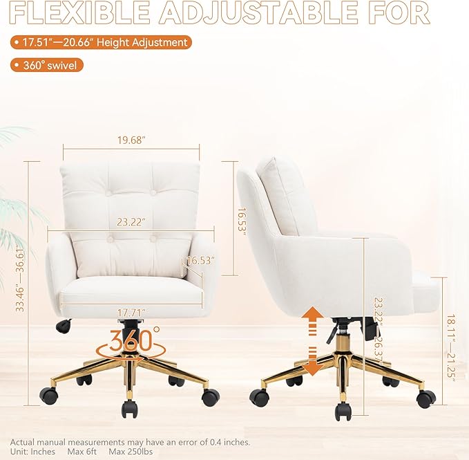 Flannel Office Chair, Comfy Home Office Desk Chairs with Lumbar Support, Modern Velvet Desk Chair Gold Legs Small Swivel Task Chair for Home Office, Bedroom, Study (Beige, L)