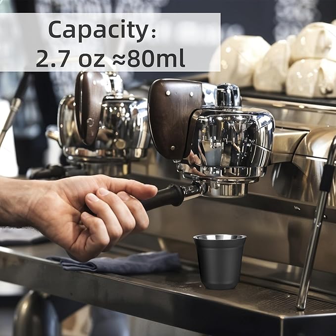 RECAPS 80ml Stainless Steel Espresso Cups Set - 2 Pack Double Wall 304 Stainless Steel Demitasse Cups 2.7oz,Black (Small Cup)