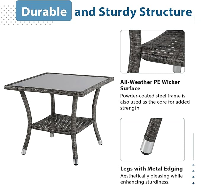 Super Patio Outdoor Side Table, 20" Square Wicker End Coffee Table with Tempered Glass Top, Aluminum Frame, Gray