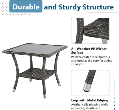 Super Patio Outdoor Side Table, 20" Square Wicker End Coffee Table with Tempered Glass Top, Aluminum Frame, Gray