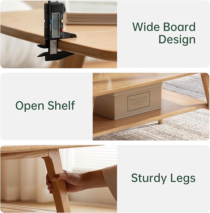 100% Solid Oak Wood Coffee Table for Living Room, Small Table with Shelf Storage, Mid Century Modern Coffee Tables with Rounded Corners for Home (Natural, 31.49“ x 22.05” x 17.32“)