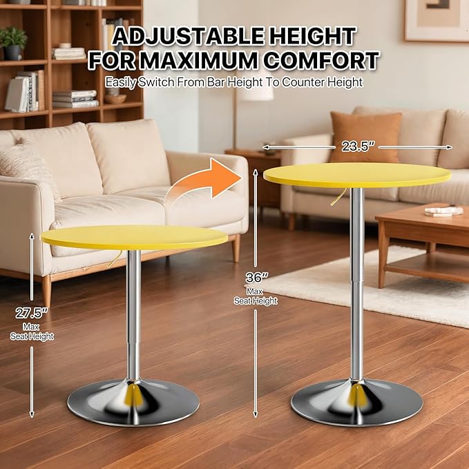 Magshion 23.5" Round Adjustable Height Bar Table, 27.5"-36" Range, 360° Swivel MDF Top Pub Table for Dining, Café, Cocktail, Yellow