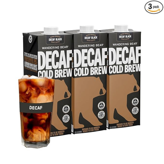 Wandering Bear Decaf Cold Brew Coffee, 32 fl oz, 3 pack - Extra Strong, Bold, Smooth, Unsweetened, Shelf-Stable, Ready to Drink, Iced Cold Brewed Coffee Drinks - Gluten Free & Vegan Decaf